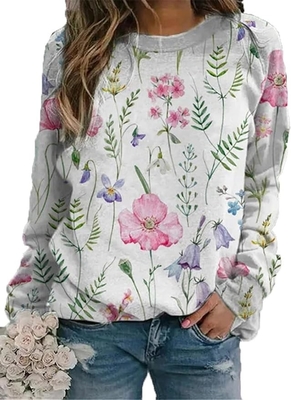 Kadınların Çiçekli Sublimasyon Baskı Süveter Sıfır Vintage FLower Grafik Süveter Üstleri