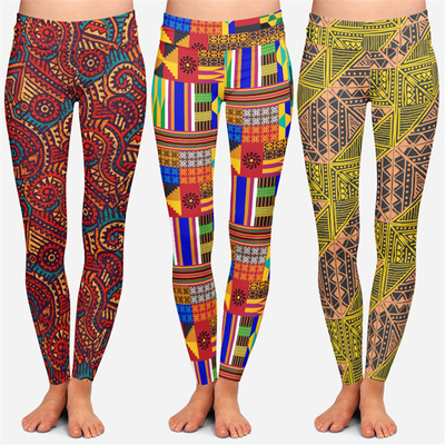 Renkli Geometrik Kente Sembolleri Afrika Sanatı Baskı Leggings Yüksek Yoga Bel Sublimasyon Kadınlar için Baskı Leggings